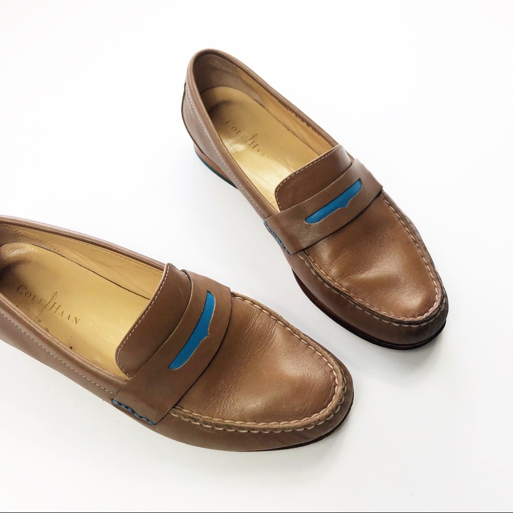 COLE HAAN MONROE PENNY LOAFERS BROWN & BLUE US 6.5
